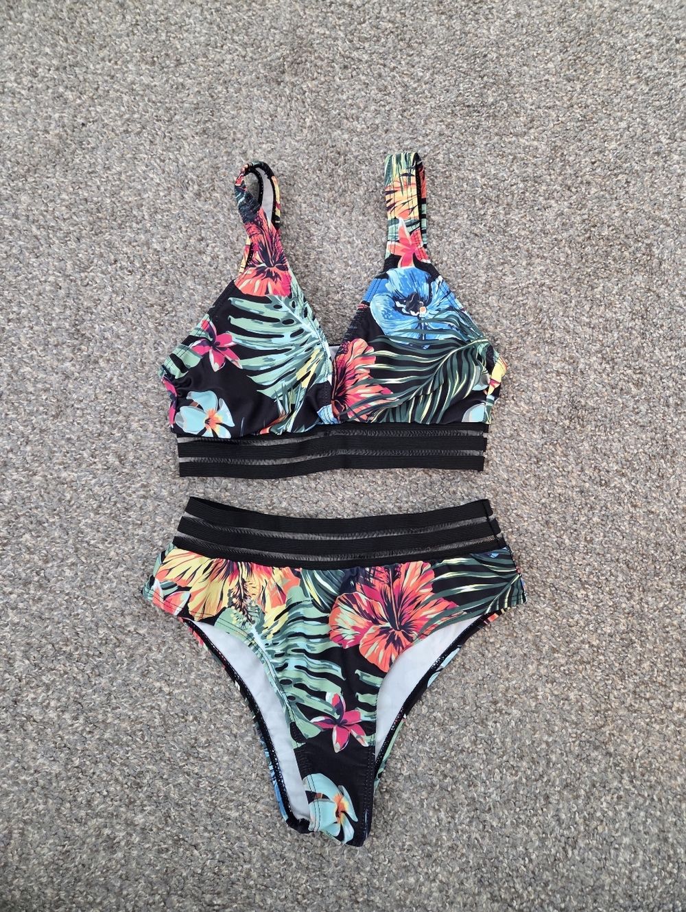 Tropical Floral Two-Piece Bikini Set - Black Background